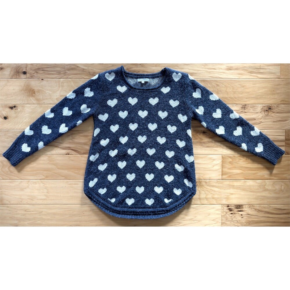 Catwalk Studio Sweater Womens S Navy Blue White Heart Print Crewneck